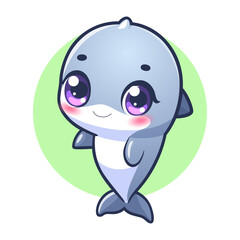 Cute dolphin smiling and happy with big eyes. Cartoon digital art illustration. Isolated on white