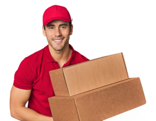 Young Hispanic delivery man with boxes laughing and having fun.