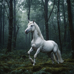 Obraz premium Illustration von einem magischen schönen Einhorn im Zauberwald KI generiert 