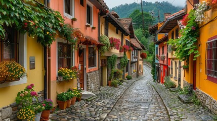 Fototapeta premium A narrow street lined with colorful houses and flower pots. The houses are painted in various shades of yellow, orange, and red. The street is lined with potted plants and flowers, creating a vibrant