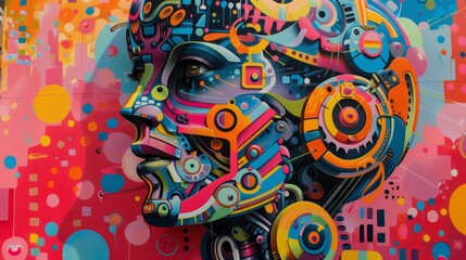 A colorful painting of a face with a robot head. The painting is full of bright colors and has a futuristic feel to it. The idea behind the painting is to create a sense of wonder