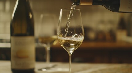 Red wine pouring into glass on dark background, elegant beverage photography for restaurant menu