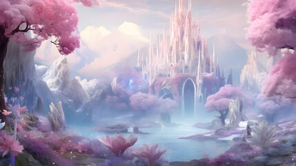 Beautiful fantasy landscape with castle and lake, 3d illustration.