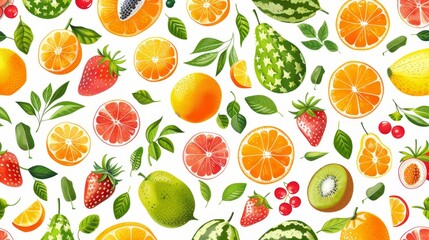  Watermelon, oranges, kiwis, strawberries, and limes on a white backdrop