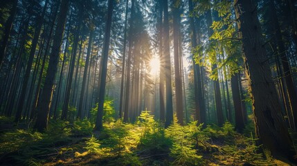 A forest with a bright sun shining through the trees. The sunlight is casting a warm glow on the forest floor
