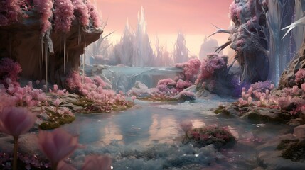 Panoramic image of a fantasy landscape with a lake and pink flowers