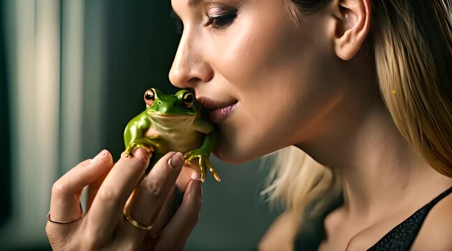 Frau k&uuml;sst Frosch auf der Suche nach dem richtigen Partner f&uuml;rs Leben