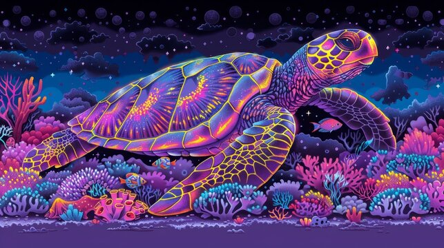   A painting of a sea turtle swimming in the ocean, with vibrant corals and various marine life populating the foreground