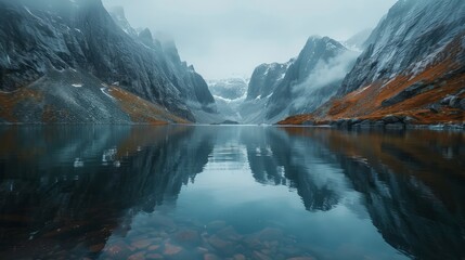 A beautiful lake surrounded by mountains with a foggy sky. The water is calm and still, reflecting the mountains and sky. The scene is serene and peaceful, with the mountains in the background