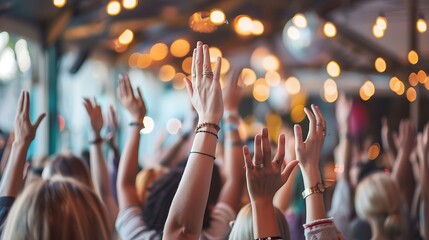 a crowd of diverse people from different age groups raising their hands enthusiastically in an indoor setting