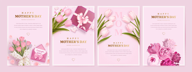 Mother's day poster, banner or greeting card set with hand drawn and realistic 3d bouquet of flowers and gift box on pink background. Vector illustration