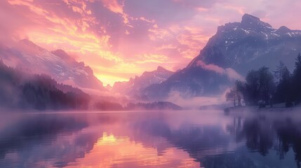 A beautiful mountain range with a pink and orange sky in the background. The sky is filled with clouds and the sun is setting. The mountains are covered in snow and the water is calm - Powered by Adobe