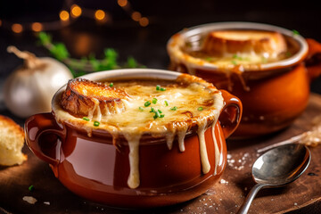 Food illustration, soup pot with French onion soup, on a light rustic kitchen counter, cheese dripping down the sides of the pan, bright napkin and spoon to the side,  kitchen count in the background,