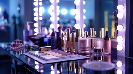 Decorative cosmetics on dressing table in makeup room