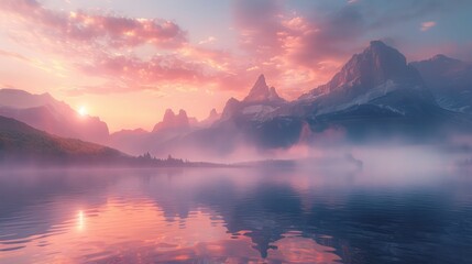 A beautiful mountain range with a pink and orange sky in the background. The mountains are covered in snow and the water is calm. The sky is filled with clouds, giving the scene a serene