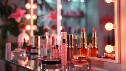 Decorative cosmetics on dressing table in makeup room