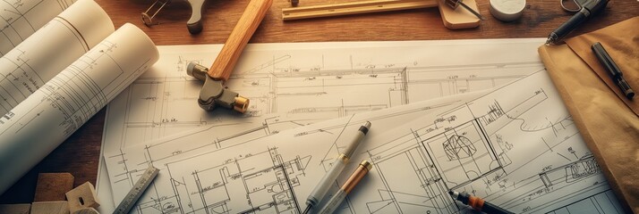A group of architects collaborate on construction blueprints spread over a large wooden table with various tools