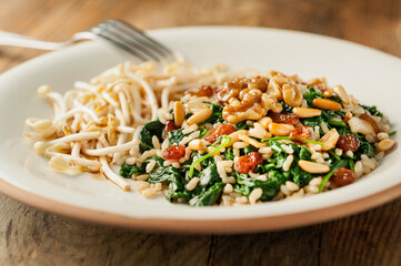 Tibian rice salad with spinach and soy sprouts in front view