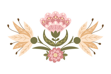 Abstract floral symmetrical composition in folk fantasy style. Vector flat hand drawn illustration in muted colors and boho style isolated on white background. Ideal for home decor or printout