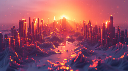 Cybernetic Sunrise - 3D Flat Icon Depicting the Dawn of the Digital Age in Isometric Scene with Abstract Sunrays