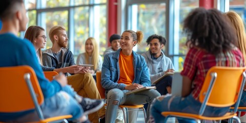 A diverse group of people sitting in a circle, engaging in a group discussion in a modern setting