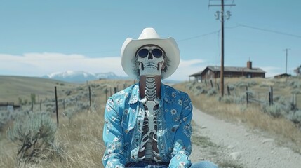   A man, his face adorned with a skeletal paint design, sits in the midst of a dirt road Behind him lies a house in the backdrop