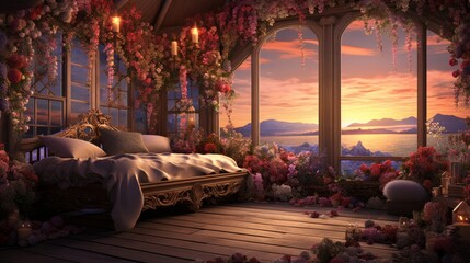 romantic hotel room with flowers in the foreground background