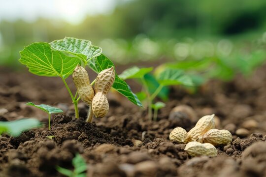 Peanut seedling growing in farm field Green leaf closeup Organic groundnut plant sprouting in nut farm