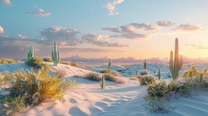 A desert landscape with a few cacti and a path through the sand. The sky is blue and the sun is...
