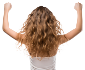 PNG Young girl cheering open arms back white background hairstyle.