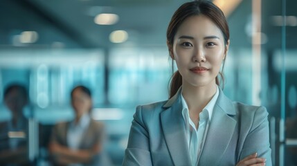   A woman in a business suit, arms crossed, stands before a crowd in an office building