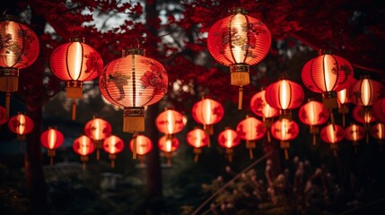 Red lanterns in Chinese garden at night. Happy Chinese New Year.