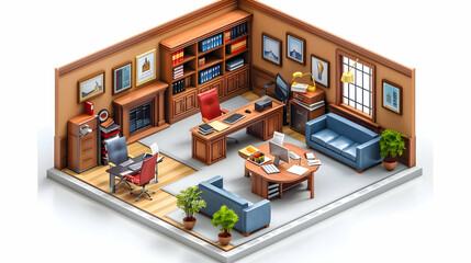 Isometric Watercolor Illustration of Executive Elegance in a 3D Flat Icon Office Scene
