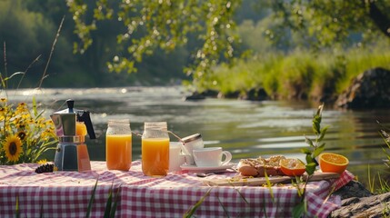 Picnic on the river with coffee maker and orange juice on a table with pink checkered tablecloth