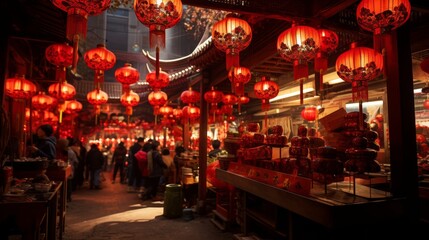 Chinese lanterns in a street of the old town of Chengdu, China