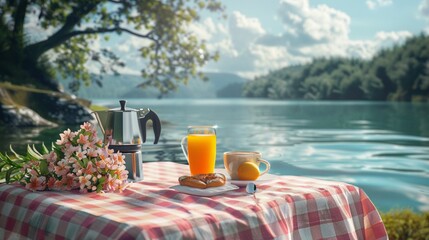 Picnic on the river with coffee maker and orange juice on a table with pink checkered tablecloth