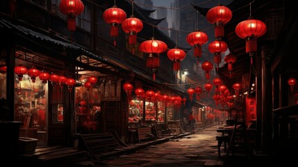 Chinese street with red lanterns at night in Shanghai, China.