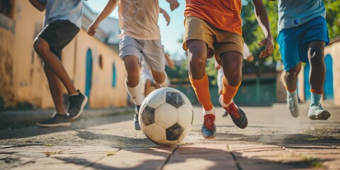 A group of joyful children engage in a passionate game of soccer in a quaint urban street, invoking the spirit of childhood
