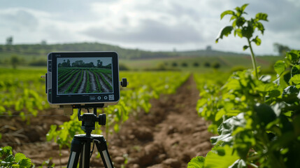 Precision Agriculture: Tablet with Live Crop Monitoring on a Tripod in Green Farmland