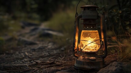 A glowing lantern sits on the forest floor, casting a warm glow on the surrounding trees and plants.