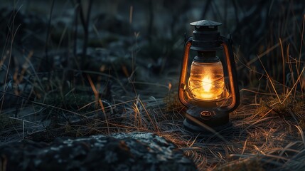 A glowing lantern sits on the ground in a dark forest. The lantern is surrounded by tall grass. - Powered by Adobe