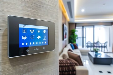 a sleek, modern smart home thermostat mounted on a light wall with intuitive touch interface
