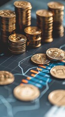 Coins on the background of the stock chart. The concept of financial growth.
