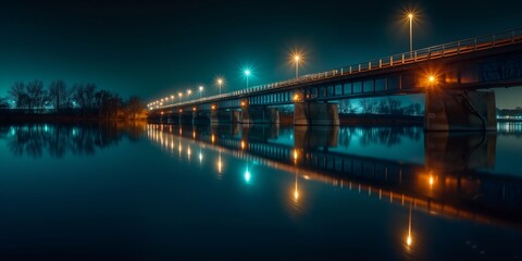 A captivating night scene with a bridge radiating light over a calm river, reflecting an aura of serene urban life