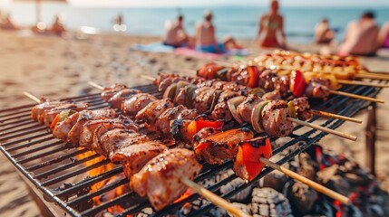   Several skewers of food sizzle on the beachside grill, with people relaxing in the background