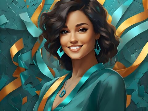 Illustration of woman with a warm smile a striking teal ribbon around her neck as a symbol of ovarian cancer awareness.