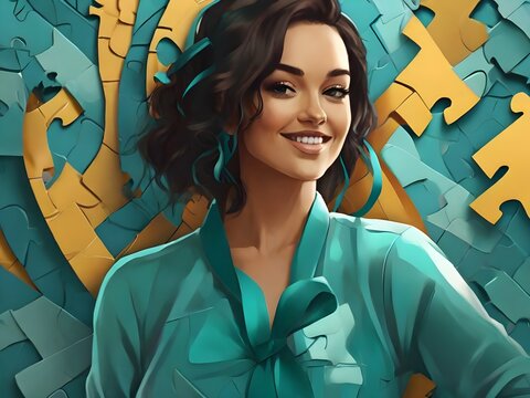 Illustration of woman with a warm smile a striking teal ribbon around her neck as a symbol of ovarian cancer awareness. - Powered by Adobe
