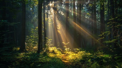 The sun shines through the tall trees in the forest. The forest is full of green plants and trees....