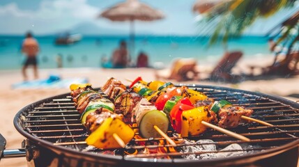 Fototapeta premium A tight shot of a beachside grill, ocean view in the distance, figure of a person behind