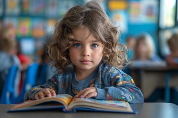 Curious Toddler Girl Reading Book in Preschool Classroom with Copy Space